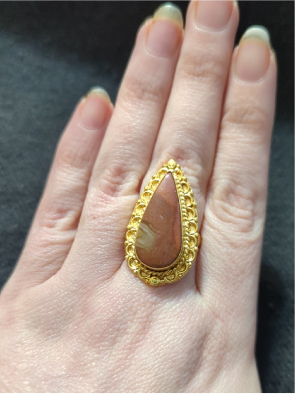 Gold Plated Red Brown Jasper Gemstone Teardrop Statement Ring - Size 9